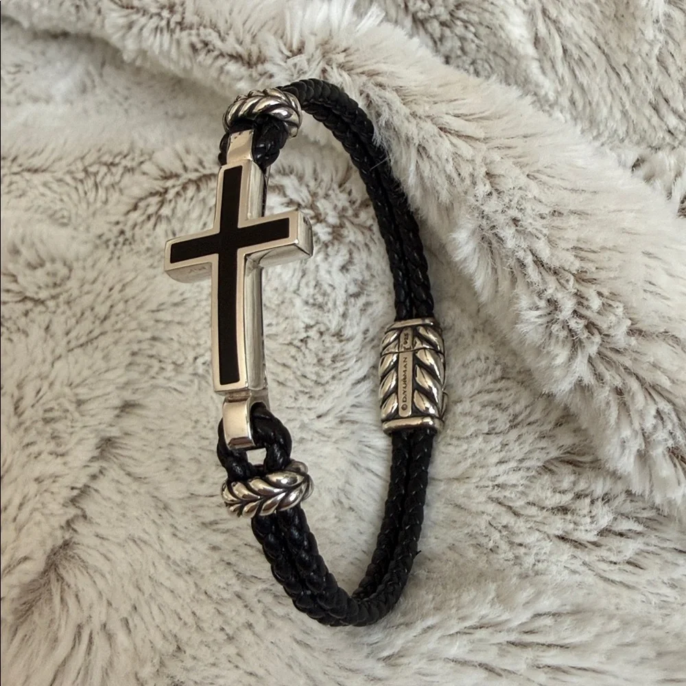 David Yurman Black Leather Bracelet with Silver Cross Accent